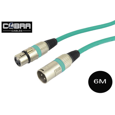 XLR Mic Audio Cable 6 Metre Long Lead - Soft Green Cable Metal Plugs
