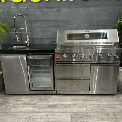 Ex Display Draco Grills Fusion 6 Burner Black Outdoor Kitchen with Side Burner,  Single Fridge and Sink Unit