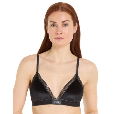 Tommy Hilfiger TH Lace Trim Velour Triangle Bralette - Black - XS - 8