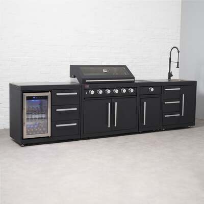 Draco Grills Fusion 6 Burner Black Outdoor Kitchen with Modular Side Burner, Sink, Single Fridge, End of May 2025