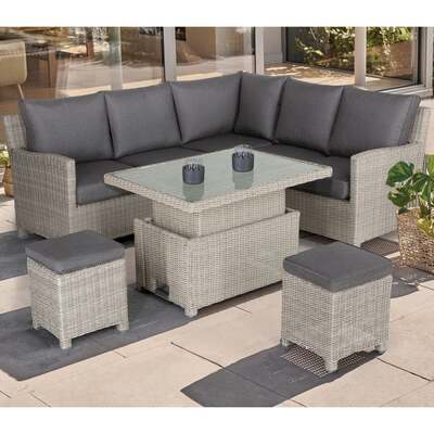 Kettler Palma Signature Mini Corner White Wash Wicker Sofa Set with High Low Glass Top Table