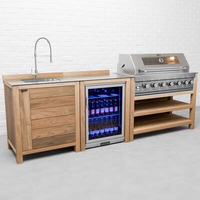Draco Grills Teak 6 Burner Outdoor Kitchen with Modular Sink and Single Fridge, Mid June 2025 / Without Side Panels