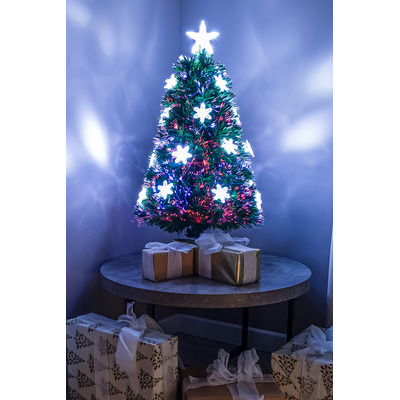 Green Fibre Optic Christmas Tree 2ft - 6ft with Multi Coloured Fibre Optics, White LED Lights and Snowflakes, 3FT