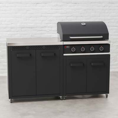 Draco Grills Titan 4 Burner Black Outdoor Kitchen Gas Barbecue with Double Cupboard Cabinet, Mid June 2025
