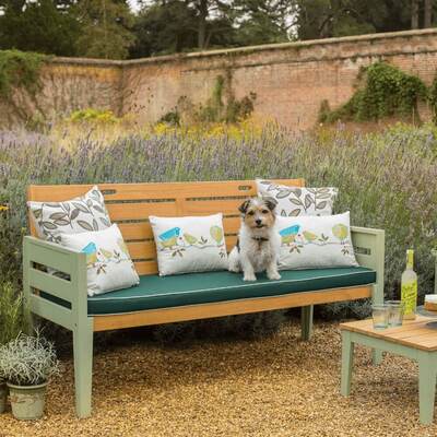 Three Seat Garden Bench with Cushions in Sage Green and Teak Look