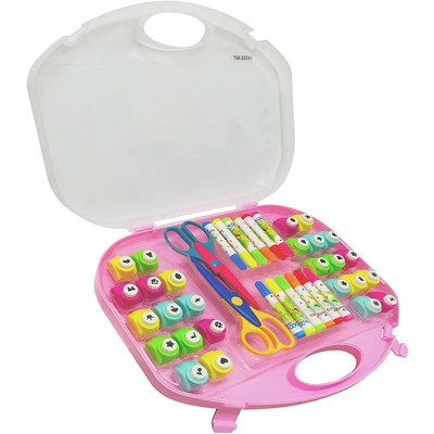 EXERZ Paper Punch Set 40pcs in a Storage Box Including Punches, Craft Scissors, Color Pens -Pink