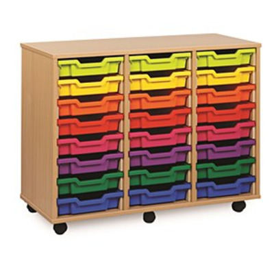 24 (8x3) Shallow Tray Unit Maple Finish Red/Yellow/Blue Mix Trays