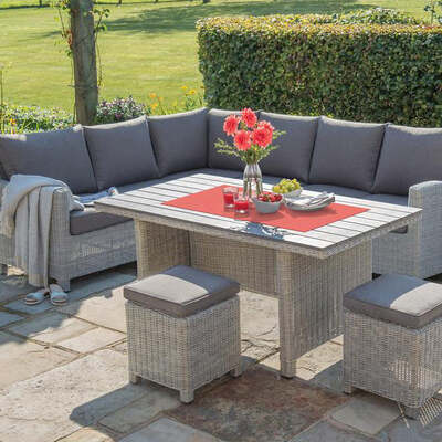 Kettler Palma Corner Right Hand White Wash Wicker Outdoor Sofa Set with Slat Top Table