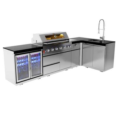 Draco Grills 6 Burner BBQ Modular Outdoor Kitchen with Sear Station, Double Fridge and Sink, Mid June 2025 / Without Granite Side Panels