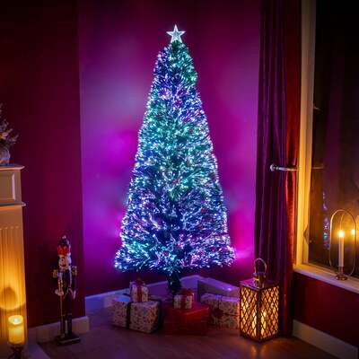 Green Fibre Optic Christmas Tree 2ft - 7ft with Multi Coloured Fibre Optic Lights and Red Berries, 7FT