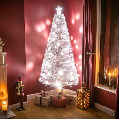 2ft - 7ft White Fibre Optic Christmas Tree with White Fibre Optics and LED Lights, 7FT