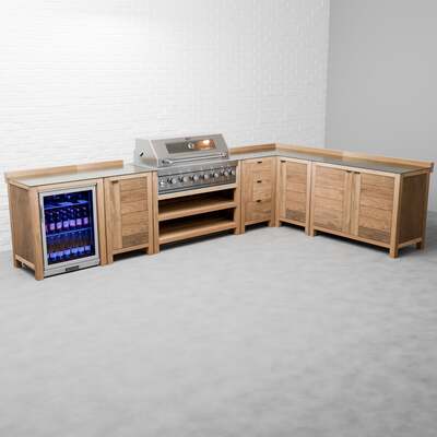 Draco Grills Teak 6 Burner Outdoor Kitchen with Modular Single Fridge, Single Cupboard, Corner Cabinet, Double Cupboard, Mid June 2025 / Without Side Panels