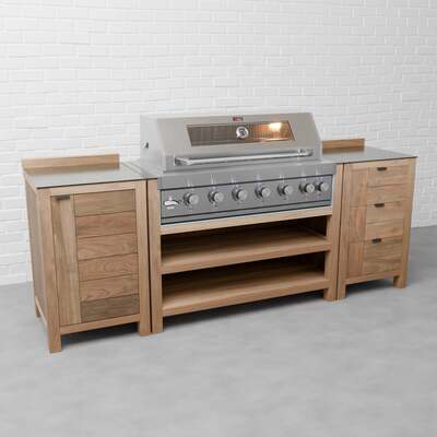 Draco Grills Teak 6 Burner Outdoor Kitchen with Modular Single Cupboard and Triple Drawer Unit, Mid June 2025 / Without Side Panels