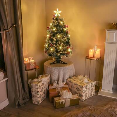 Green Fibre Optic Christmas Tree 3ft - 7ft with Berries, Cones and Warm White LED Stars, 3FT