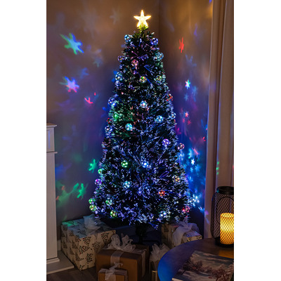 2ft - 7ft Green Fibre Optic Christmas Tree with Multi Coloured LED Lights and Baubles, 7FT