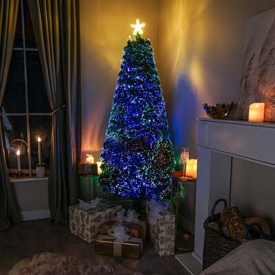 2ft - 7ft Green Pin Prick Fibre Optic Christmas Tree with Multi Coloured Fibre Optic Lights, 7FT