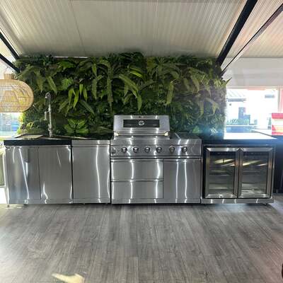 Ex Display Draco Grills 4 Burner Stainless Steel Outdoor Kitchen with Sear Station, Double Cupboard and Sink and Fridge Unit