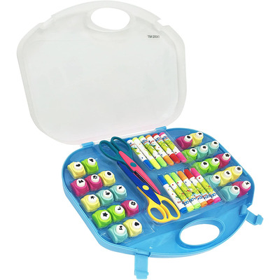 EXERZ Paper Punch Set 40pcs in a Storage Box Including Punches, Craft Scissors, Color Pens -Blue