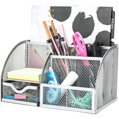 EXERZ Desk Organiser with 7 Compartments -Mesh Desk Tidy Caddy - Silver