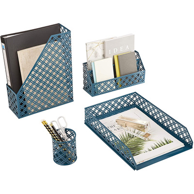 Exerz Desk Organiser 4 Pieces/ Office Set/ Desktop Metal Mesh Filing - Aegean Blue