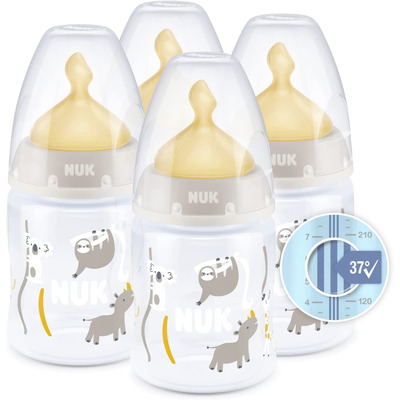 NUK First Choice+ Baby Bottles Set &pipe; 0-6 Months &pipe; Temperature Control &pipe; Anti Colic Vent &pipe; 150 ml &pipe; BPA-Free &pipe; Latex Teat &pipe; Safari (Beige) &pipe; 4 Pack