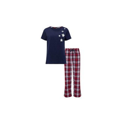 Pour Moi Cosy Check Trouser and Jersey T Shirt Pyjama Set - Navy/Red - 4XL - 22