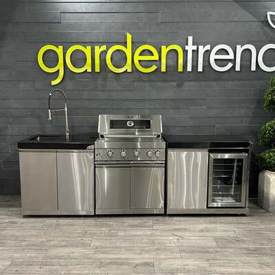 Ex Display Draco Grills 4 Burner Stainless Steel Outdoor Kitchen with Single Cupboard and Sink and Fridge Unit