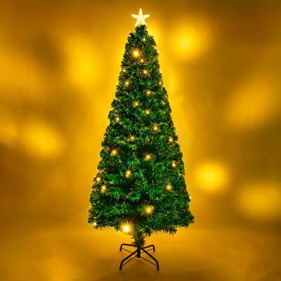 2ft - 7ft Green Fibre Optic Christmas Tree with Warm White LED's and Fibre Optic Lights, 6FT
