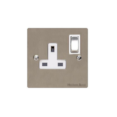 M Marcus Elite Flat Plate Single 13 AMP Switched Socket, Satin Nickel With White Trim - T05.840.SNW SATIN NICKEL - WHITE INSET TRIM