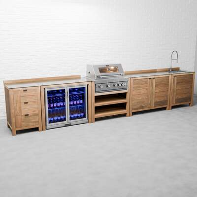 Draco Grills Teak 4 Burner Outdoor Kitchen with Modular Triple Drawer Unit, Double Cupboard, Sink, Double Fridge, Mid June 2025 / Without Side Panels