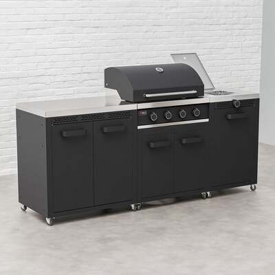 Draco Grills Titan 4 Burner Black Outdoor Kitchen Gas Barbecue with Side Burner and Double Cupboard, Mid June 2025