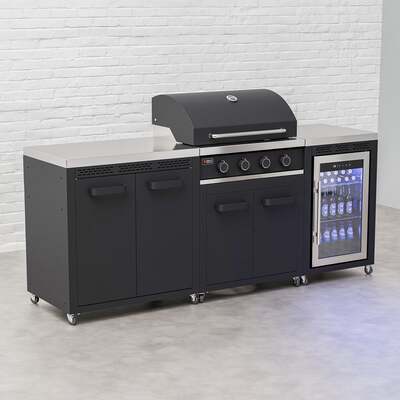 Draco Grills Titan 4 Burner Black Outdoor Kitchen Gas Barbecue with Fridge and Double Cupboard, Mid June 2025