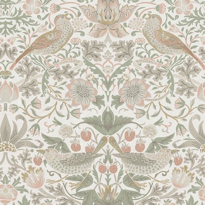 William Morris At Home Strawberry Thief Wallpaper Sage Green / Pink 124233