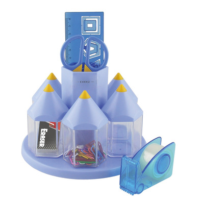 EXERZ Rotary Desk Organiser Pen Tidy Set with 5 Accessory Boxes -with Safety Scissors (NOT Sharp), Ruler, Tape Dispenser, Eraser, Clips - Blue