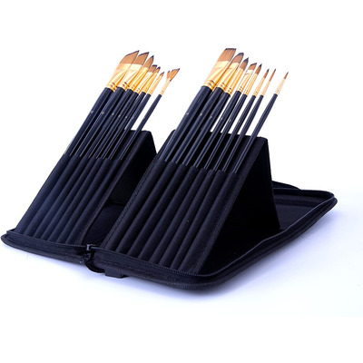 Exerz Artist Paint Brush Set 15pcs in a Case with Pop-up Stand - Perfect for Acrylic Oil Gouache Water Colours & Face Paint