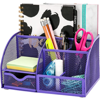 EXERZ Desk Organiser with 7 Compartments -Mesh Desk Tidy Caddy - Purple